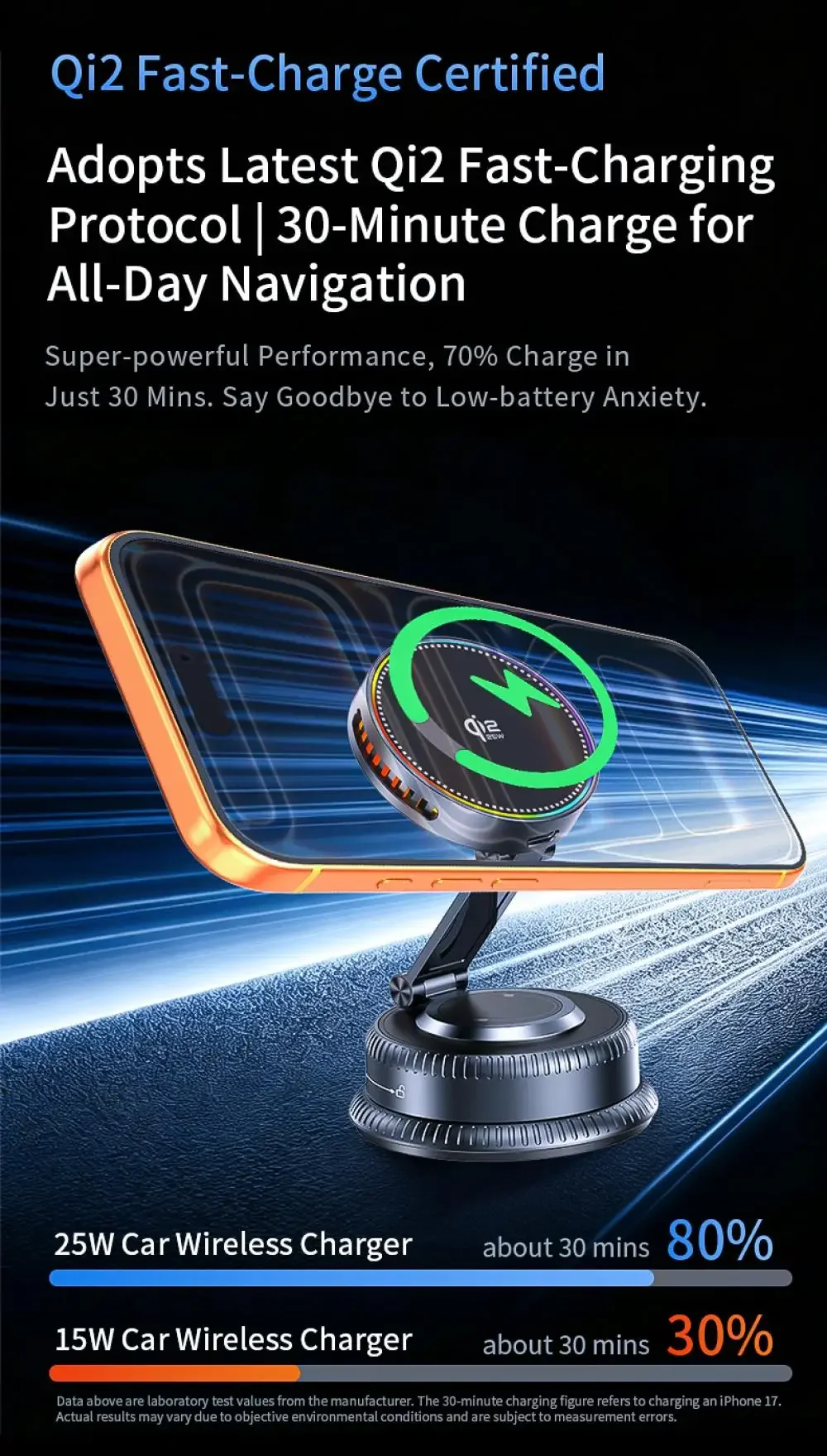 QI2.2 25W Magnetisches kabelloses Autoladegerät, 360-Grad-drehbare Autotelefonhalterung mit Vakuumsaugnapf für iPhone 17 Pro Max – Detail 6