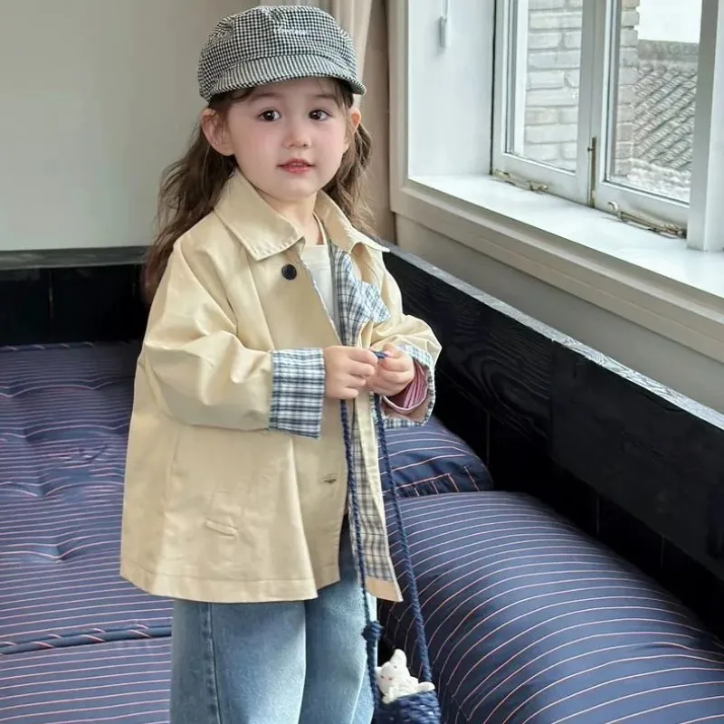 

2 4 6 7Y Girls Trench Coat Spring Autumn Double Breasted Mid-length Jacket Kids Casual Loose Outerwear