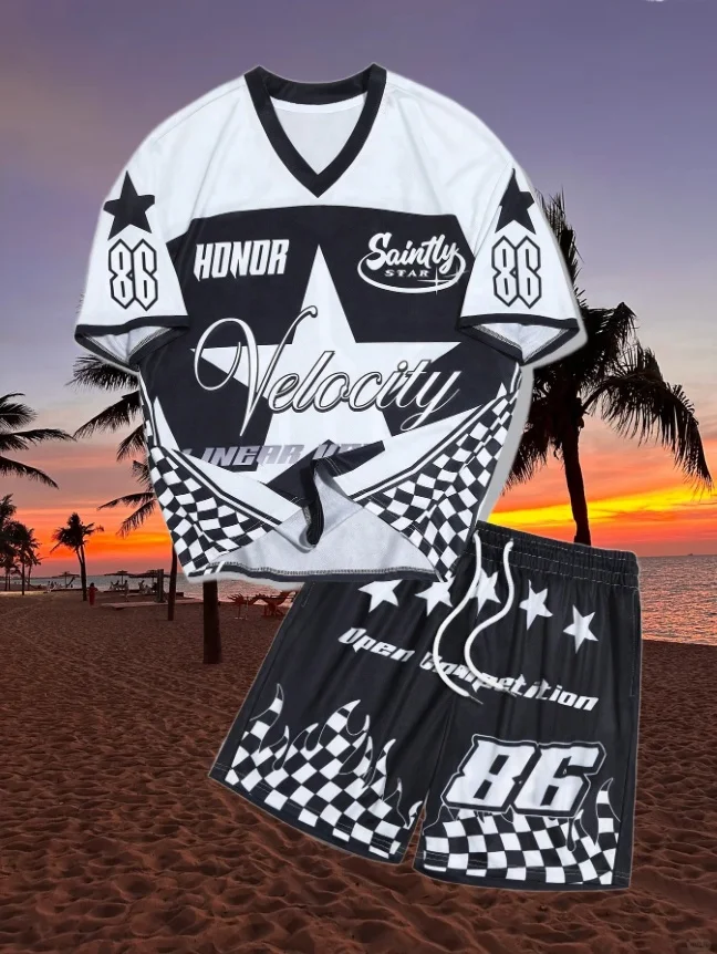 

25/26 Новый летний комплект, мужская футболка, модный американский уличный мужской комплект с круглым вырезом и принтом, модный красивый спортивный комплект из двух предметов