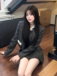 시크 투피스 세트 스몰 프래그런스 스타일 한국 드라마 주인공 패셔너블 의상 코튼 긴팔 라운드넥 탑