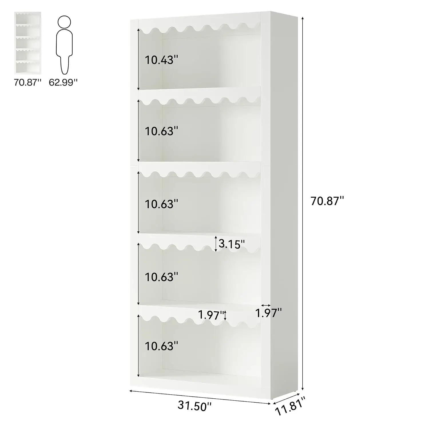 70-Inch White 5-Tier Open Bookshelf Scalloped Edges Modern Display Storage Organizer Living Room Home Office Bedroom, Customized