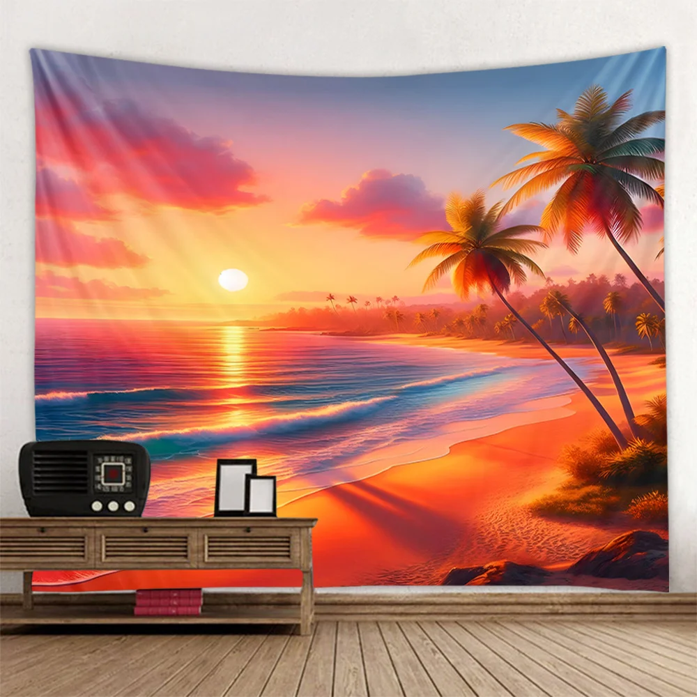 Tapestry wall hanging dreamy landscape, sunrise, beach coconut trees, home living room, bedroom wall decoration background cloth