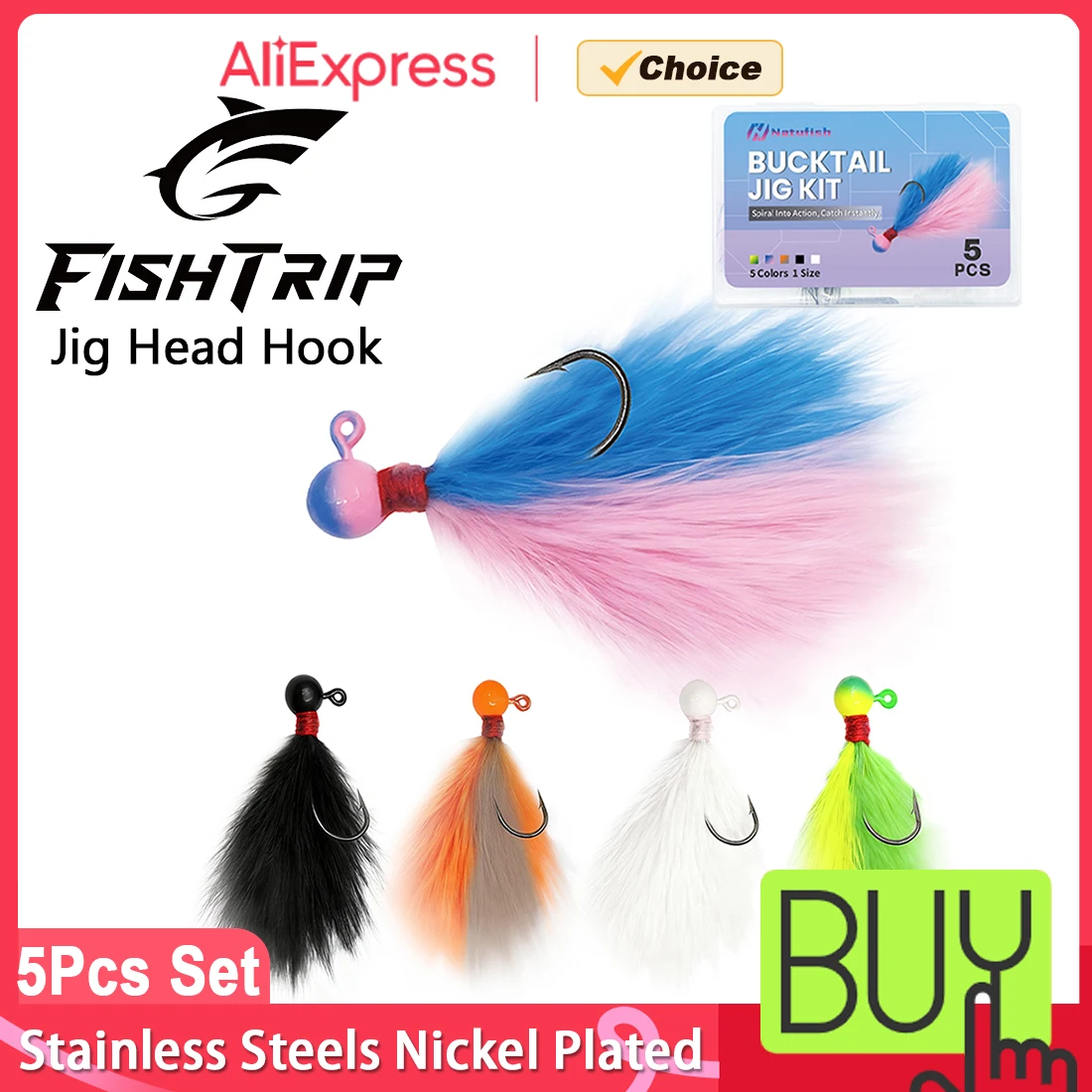 FishTrip Jigkopf-Haken-Set 5 Stück Gemischte Farben Crappie-Angeljigs-Kit, Handgebundene Marabou-Jigs für Crappie, Forelle und Salzwasser