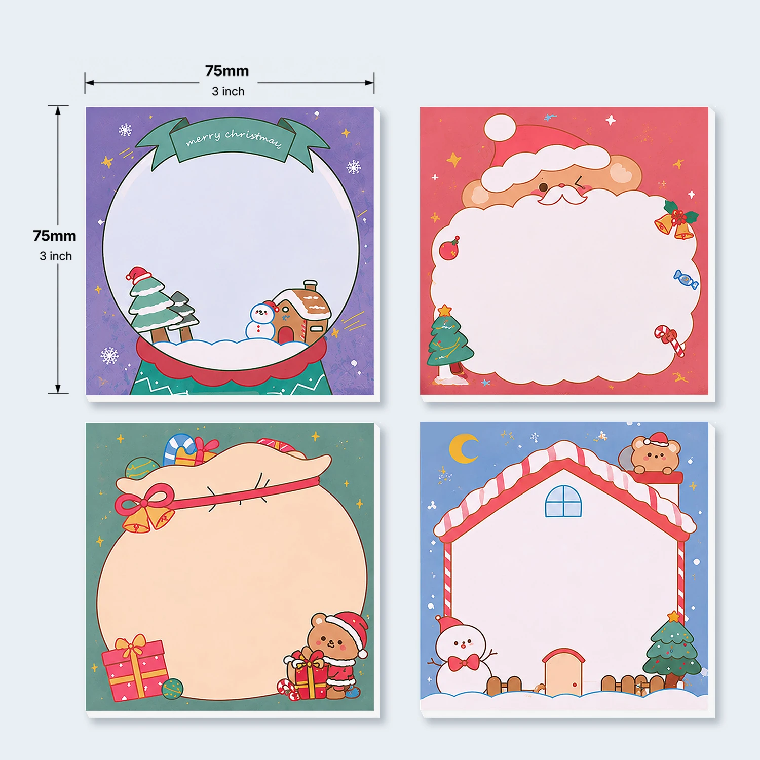 4PCS Christmas Self Adhesive Sticky Notes 200 Sheets Santa Claus Snowman Christmas Tree Gift Cute Holiday Memo Pads Office Stati