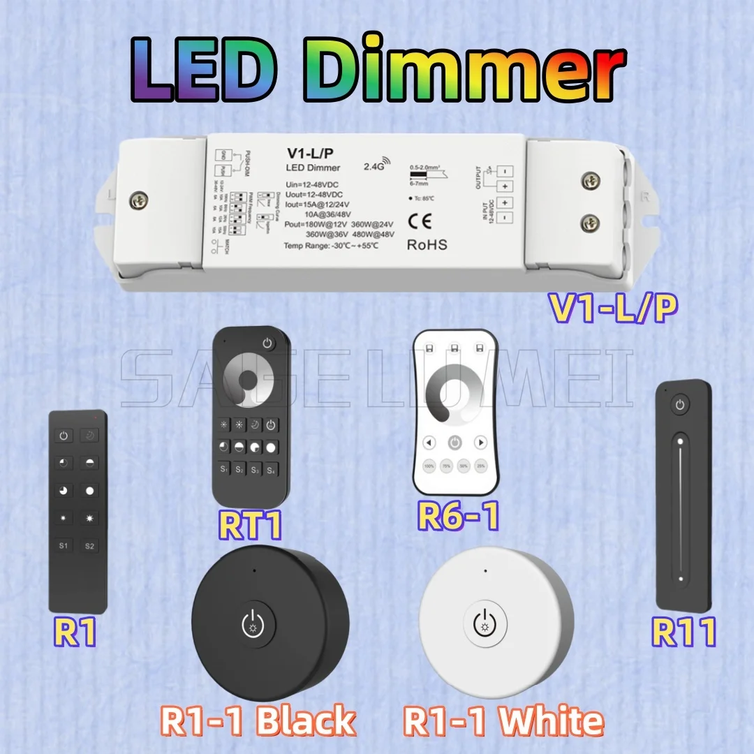 Skydance V1-L/P R1/11 1 Zone Single Color LED Strip Dimming Kit Wireless Wifi Dimmer Remote Control Push Switch Dimmer 12-48VDC
