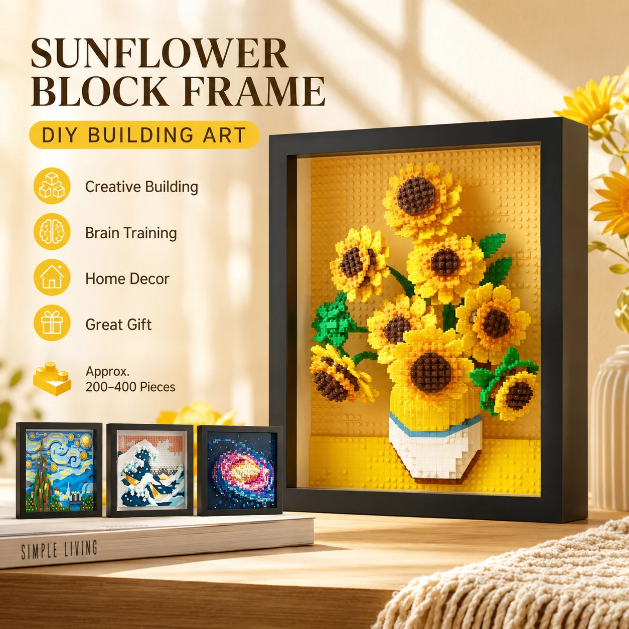 Creative World Famous Art Painting Night View Starlit Van Gogh Sunflowers Galaxy Kanagawa Block Christmas Birthday Gift - view 4