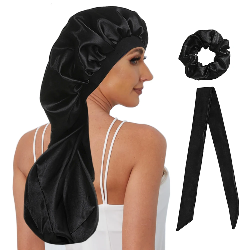 Satin Bonnet Cap&Hair Band&Head Bans 3 Piece Set Wide Elastic Long Tail Wig Care Night