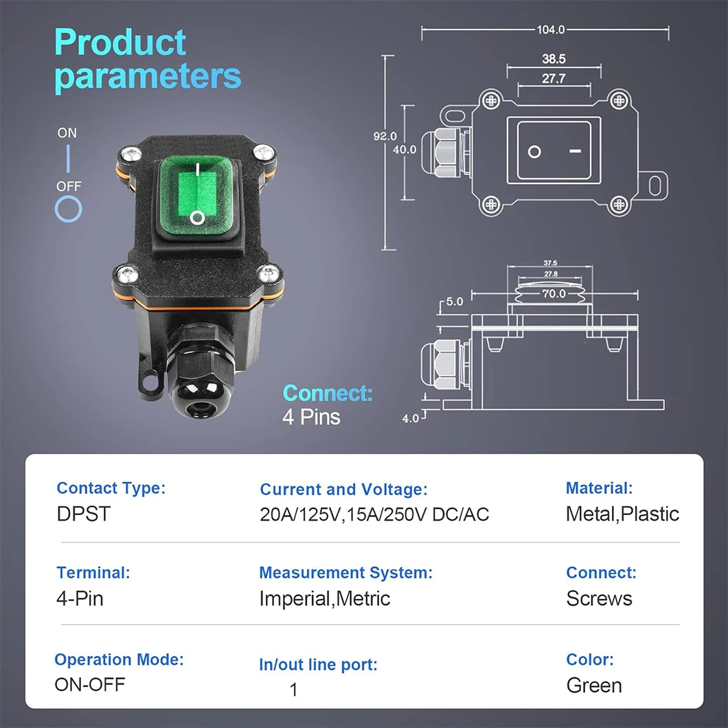 Single Port Outlet Waterproof Rocker Switch Box ON-OFF DPST AC/DC 15A250C/30A250V Toggle Switch Green Light Inline Cord Switch