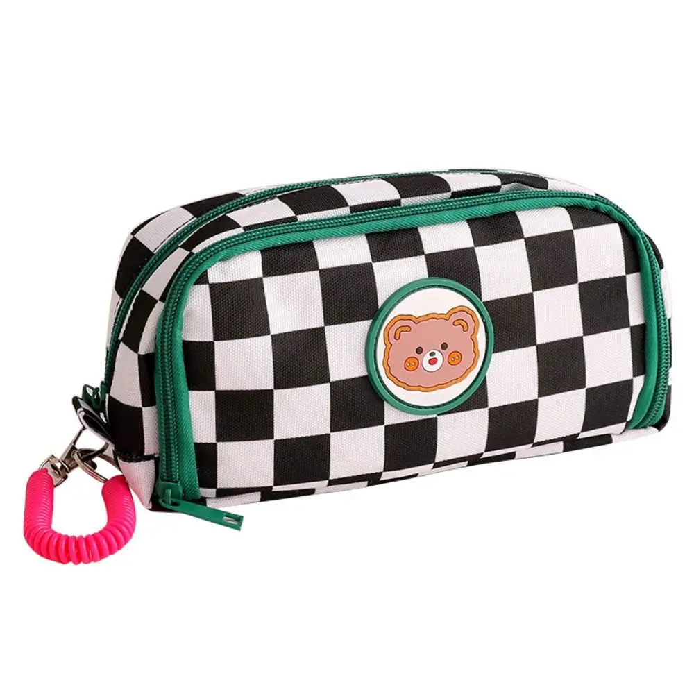 Multifuncional Checkerboard Pencil Case Canvas Large Capacity Pencil Bag Cartoon Cute Stationery Storage Bag Student