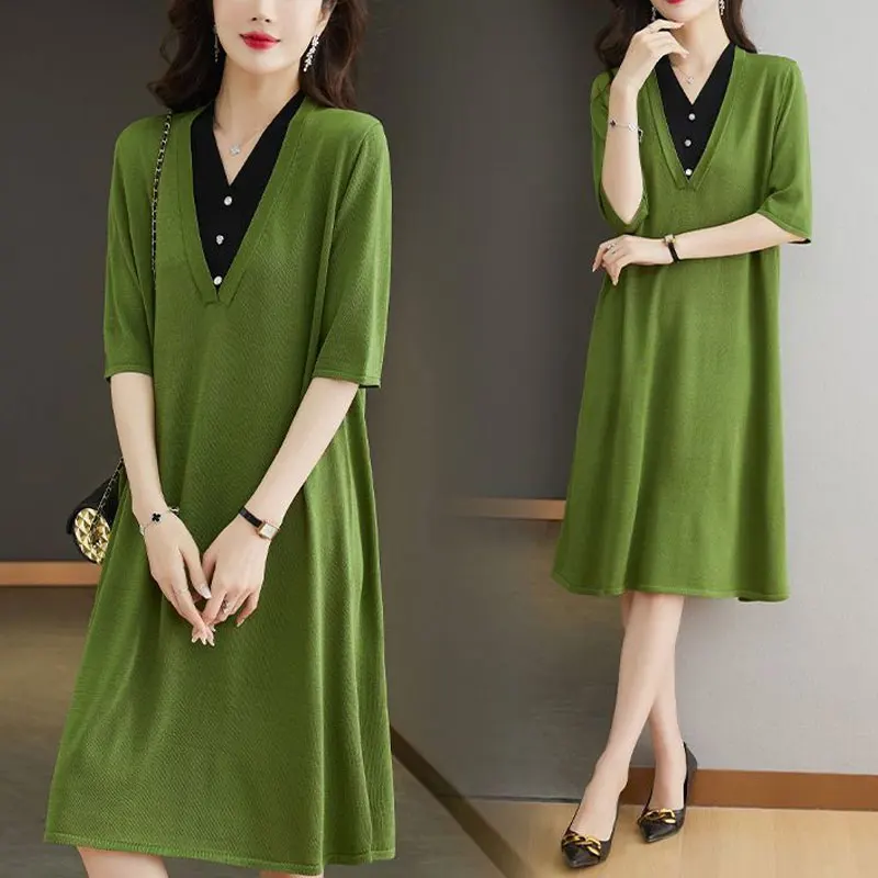 Casual Solid Color Patchwork Midi Dress Summer Half Sleeve Female Clothing Elegant V-Neck Button All-match Loose A-Line Dresses