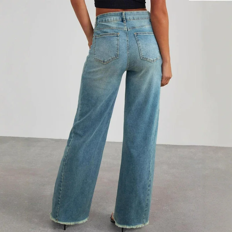 Denim Pants Women Midi Waist Straight Trousers Jeans Solid Pockets Casual Splice Pant Washed Simple Lady Autumn Slight Strech