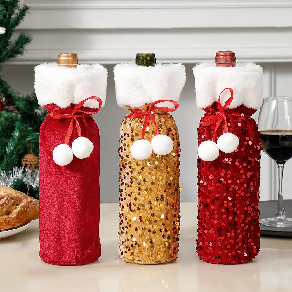 

Christmas Decorations European Glitter Wine Bottle Cover for Red Wine Champagne Party Decor Christmas Ornaments