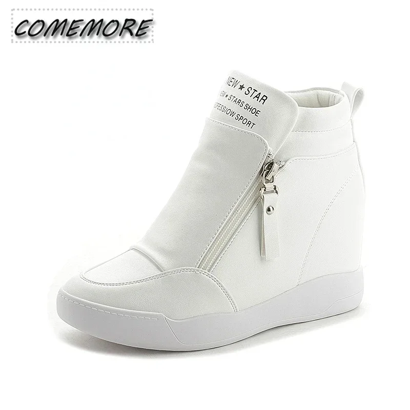 Fashion Sneakers Platform Woman Autumn Classic High Top Female Casual Shoes Wedge Side Zipper PU Fashion Round Head Ladies Shoes