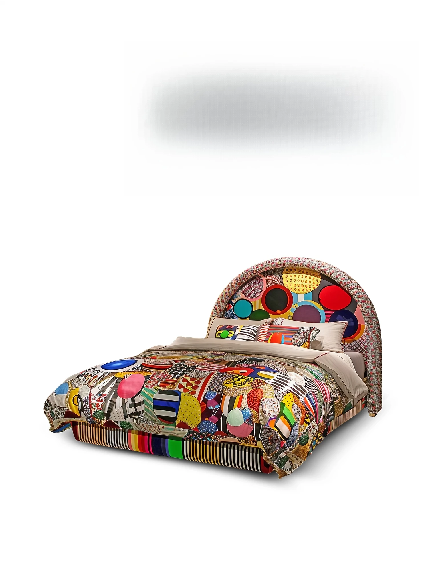 Cama de casal em tecido com impressão e tingimento de bolinhas dopamina
