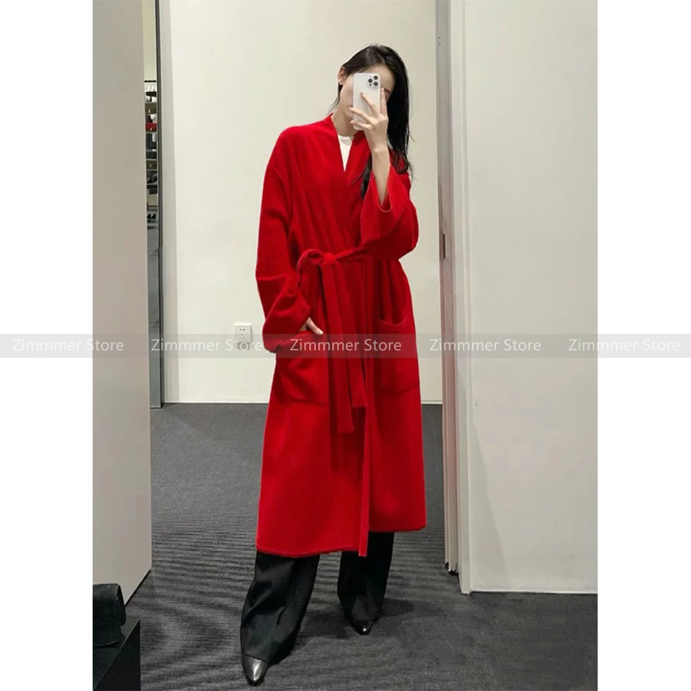 Niche Women\'s 2024 Autumn and Winter Retro Lazy Style Red Cashmere Long-sleeved Knitted Cardigan With Knee-length Coat