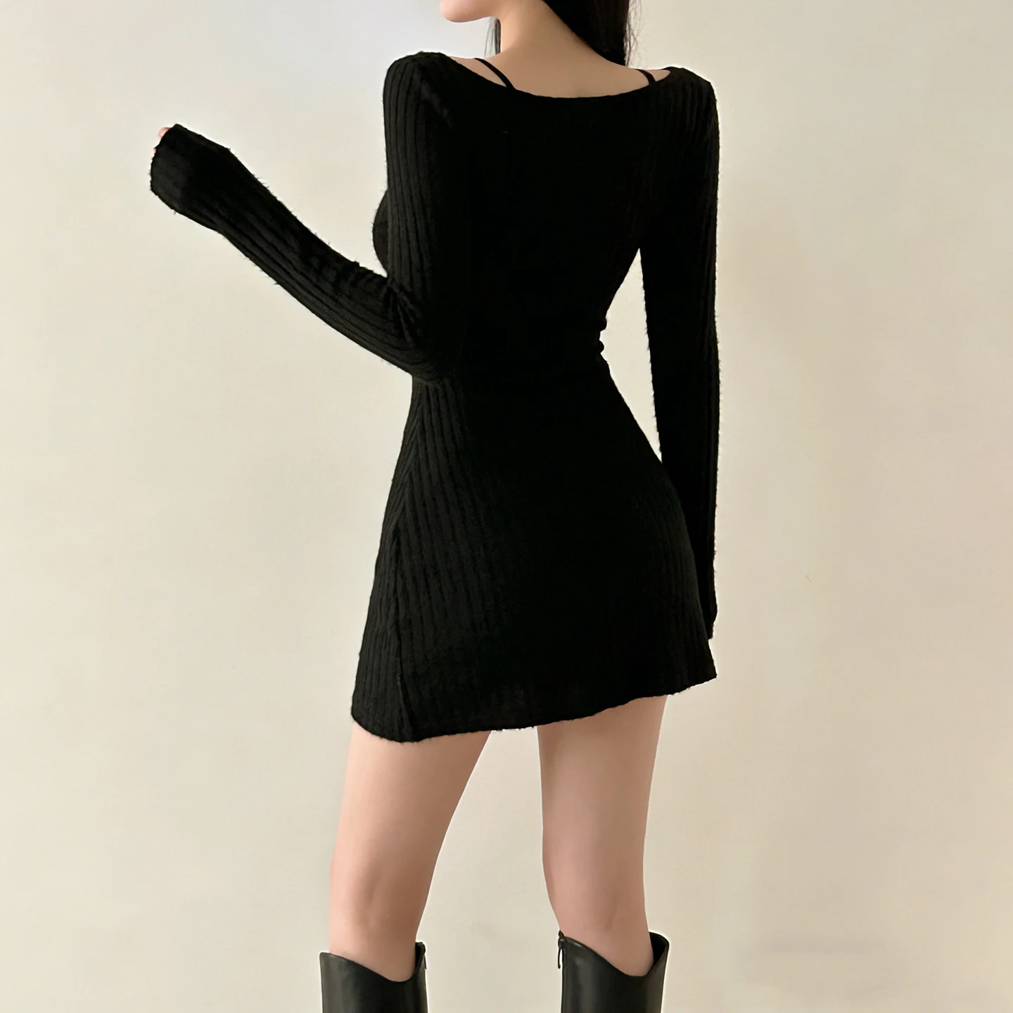 SUCHCUTE Lace Patchwork Fake Two-Piece Dress Women Sexy Long Sleeve Mini Dress Y2K Elegant Fall Outfit All Match Casual Clothes
