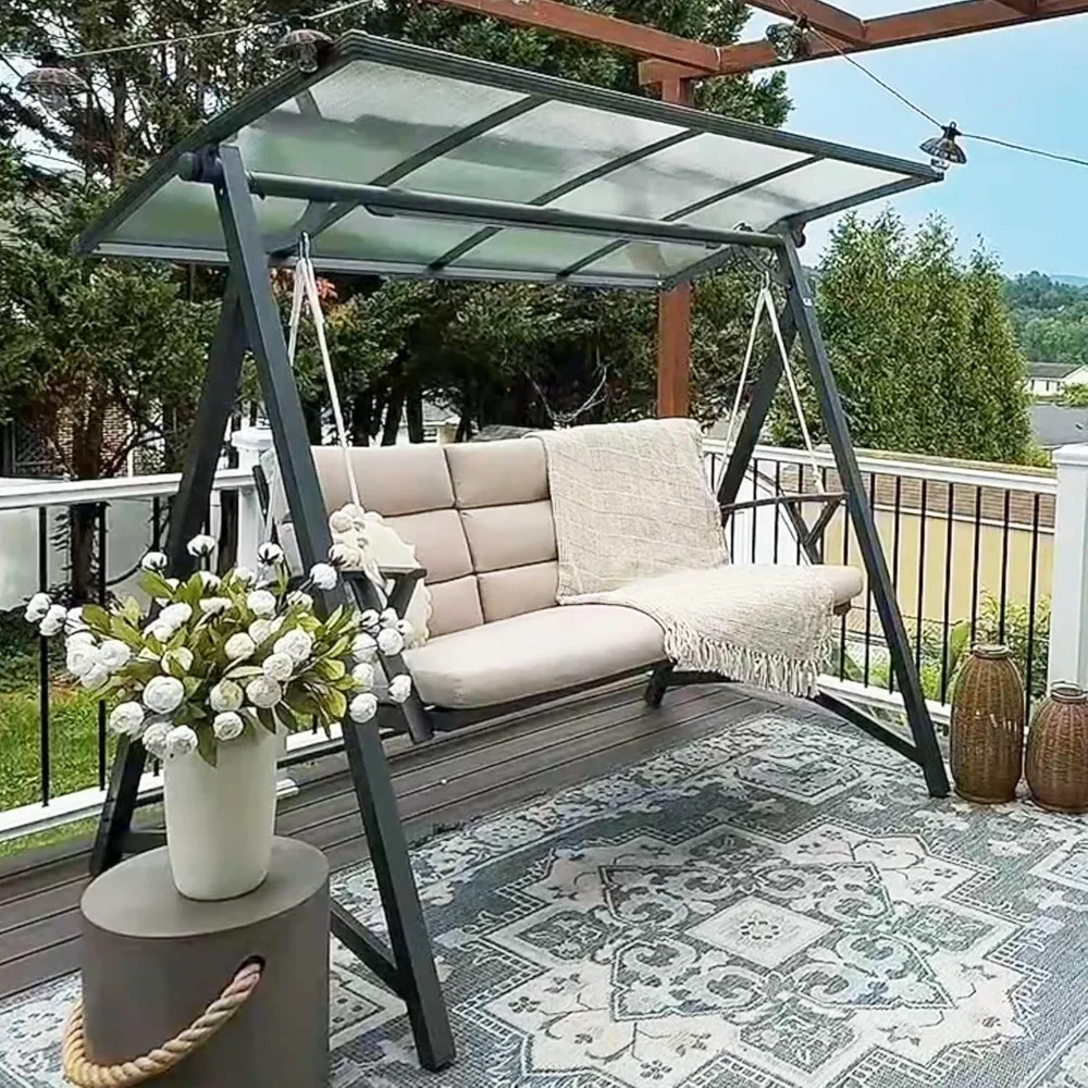 

"3-Person Porch Swing - PVC Canopy Patio Chair w/ Solar Lights, Modern Hammock Style"​