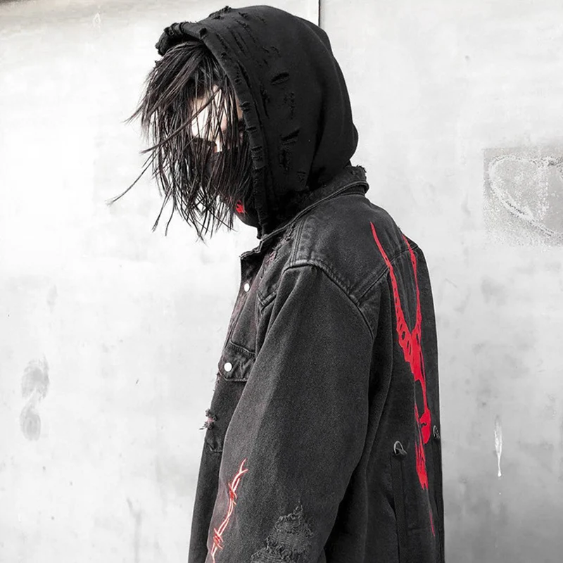 Harajuku Gothic Denim Jacket Mens Casual Coat Vintage Skull Halloween Clothes Spring Autumn High Street Punk Printing Jacket