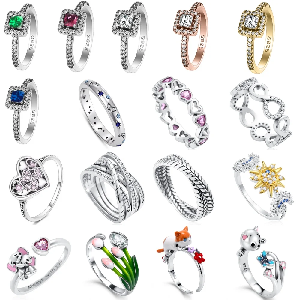 New European 925 Silver, Square, Sun Moon, Flower shaped Ring Size 6 7 8 9 Suitable for Women's Exquisite Charm Jewelry Gifts