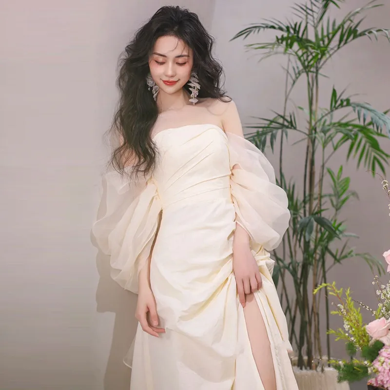 Strapless Satin Wedding Dress For Brides Simple And Long French Style Super Fairy Forest Style Dress Wedding Dress