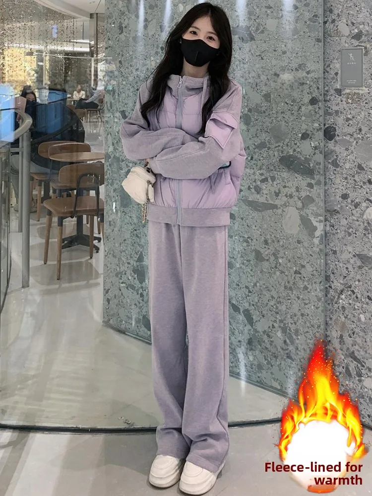 

Faionable Casual Hooded Cotton Suit Set Women's Autumn Winter New Sle Wide Leg Pants Two Piece Set Long Sve Zipper