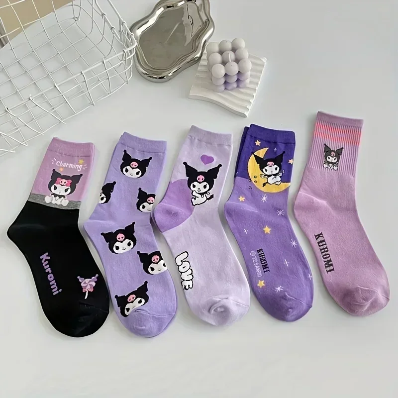 Chaussettes mi-mollet de dessin animé mignon Sanurgente Kuromi pour femmes, mélange de coton respirant et confortable, chaussettes Harajuku pour filles, 5 paires