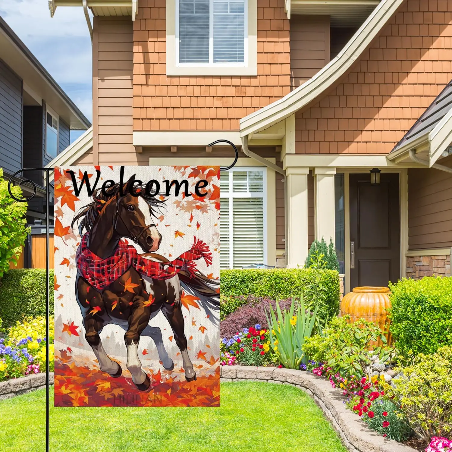 Welcome Fall Horse Garden Flag 12x18 Inch Double Sided,Small Maple Leaf Buffalo Plaid Check Scarf Autumn Garden Flag Fall Th UUM