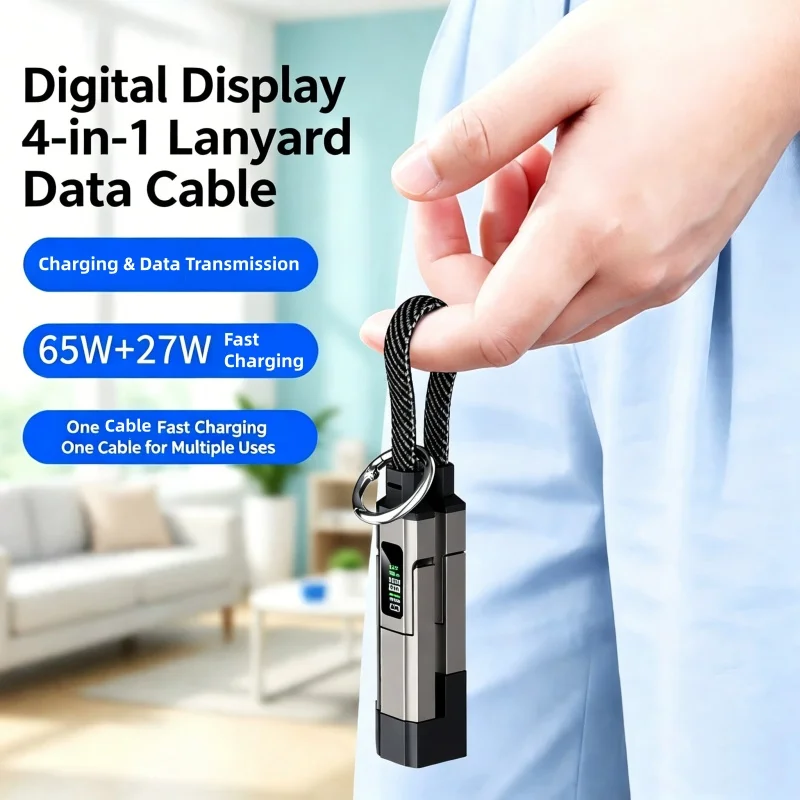 4 in 1 Digital Display Fast Charge Cable Keychain Crossbody Lanyard Flash Charger Cord for iPhone Huawei Android