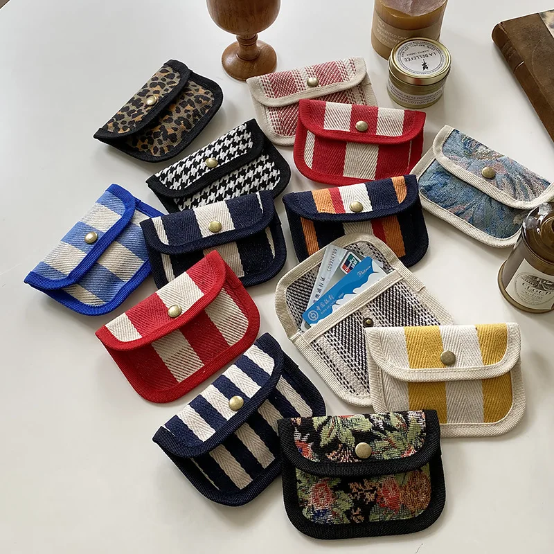 Striped Plaid Canvas Card Holder ID Bus Credit Card Bag Multifunctional Earphones Keys Money Storage Bags Portable Hasp Coin Bag