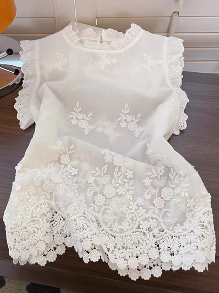 

Ele Embroidered Hollow out Chiffon irt Women's Summer New Sle Agel Faion White Top Ladylike Commute Sle Loose Fit