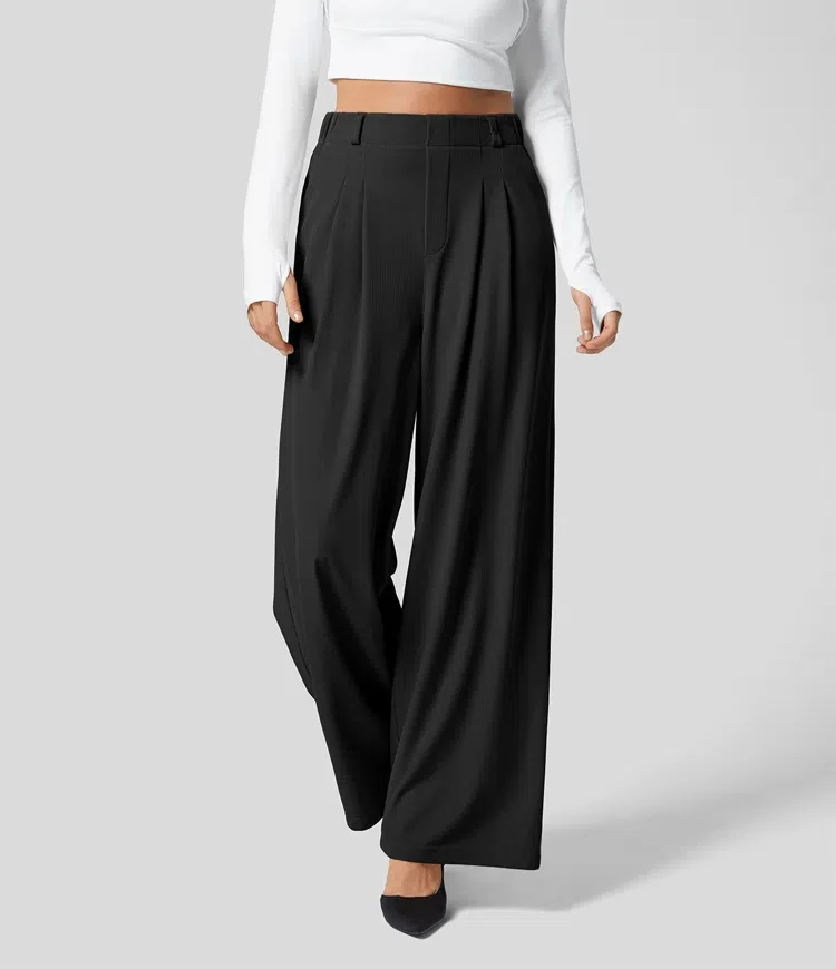 Damenhose, karierte, figurbetonte Hose mit weitem Bein und Taschen, hochtaillierte, lässige, figurbetonte Hose mit weitem Bein für Damen. – Detail 5