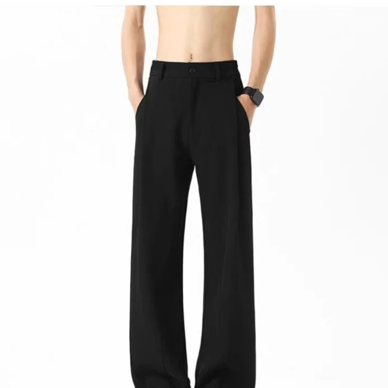 Men's Summer Thin Black Casual Curved Seam Dress Pants Premium Drape Loose Slight Flare Floor-Length Trousers