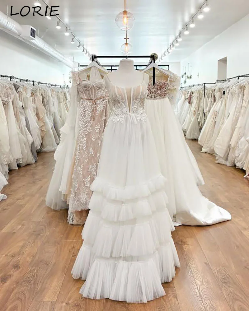 

LORIE Ivory Boho Wedding Dresses Lace Applique Tulle Ruffle Bridal Gown A-Line Spaghetti Strap Vintage EngagementGown Customized