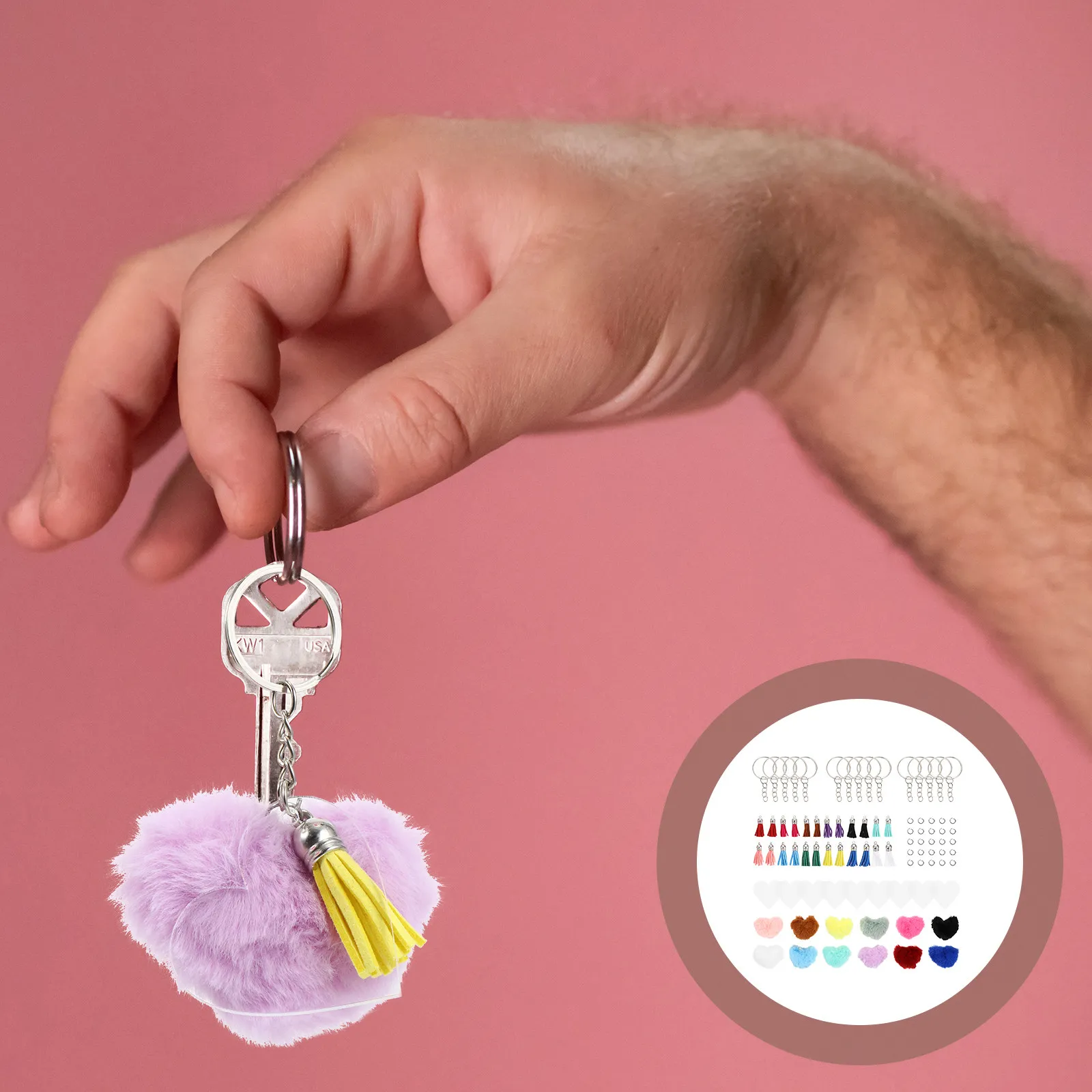 

1Set Heart Form Acrylic Keychain DIY Components Polyester Wool Balls Pre Cut Discs Keyring Craft Kit for Stylish Personalized