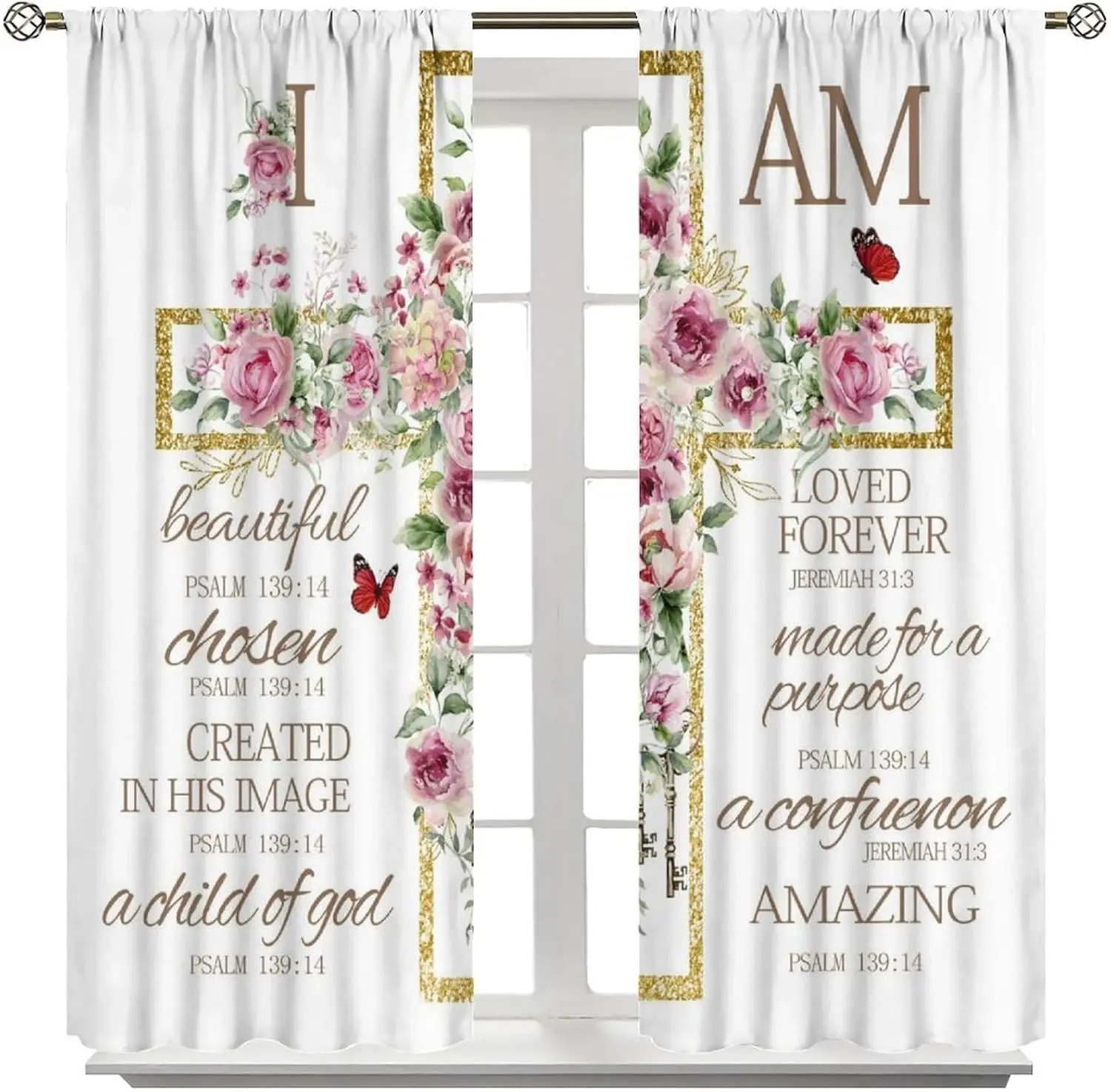 Pink Floral Curtains Christian Shower Curtain Rustic Farmhouse Bible Verse Cross Motivational Quote Country Window Treatments Dr