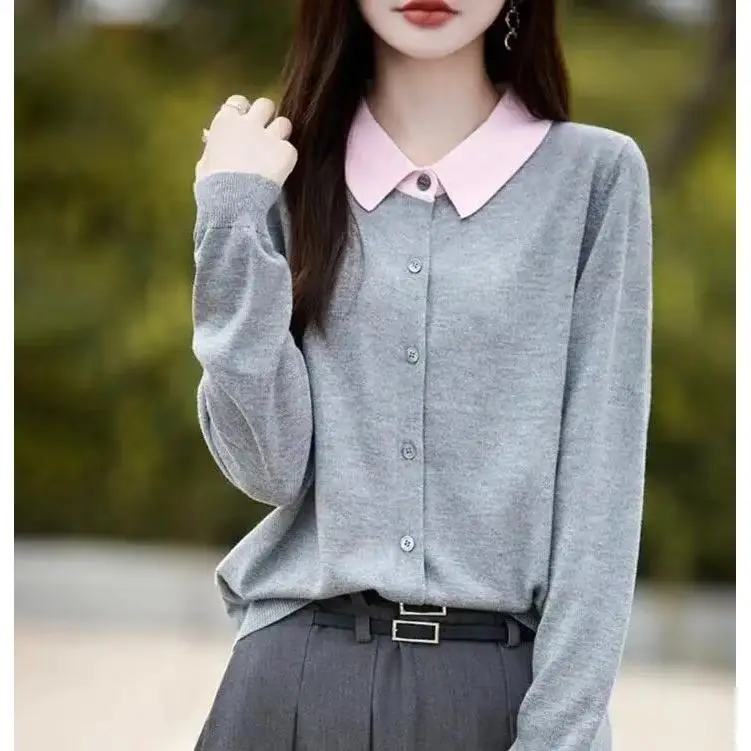 

Autumn Winter Thin Knitted Sweater Women's Base Layer irt Color Blo Collar Anti-Aging Sweater Fake Two-Piece Outerwear