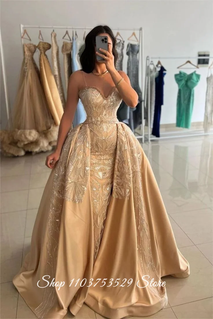 

Custom Champagne Sweetheart Neckline Evening Gown Embroidered Detachable Skirt Panel Formal Occasion Ball Gown Wedding Party Dre
