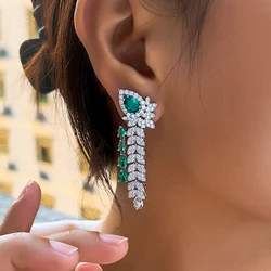 CWWZircons Dangling Leaf Drop Green Cubic Zirconia Luxury Long Earrings for Women Beautiful Wedding Banquet Party Jewelry CZ959