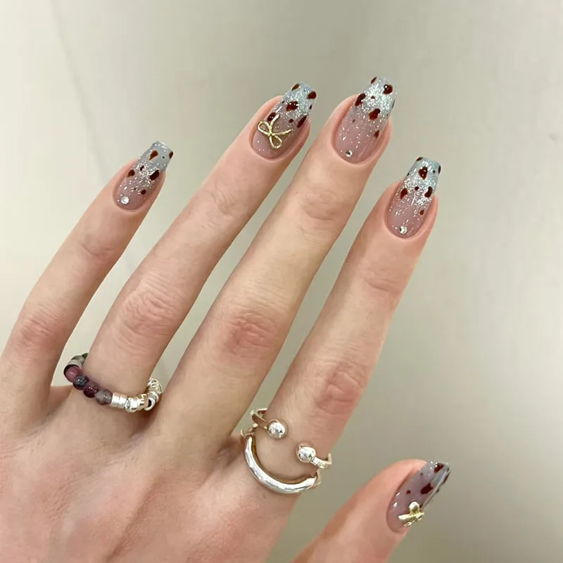 

24PCS Glitter Blue Cat Eye French Press on False Nails Leopard Print Autumn Winter Bow Fake Nails Short Square Sweet Cool Nails