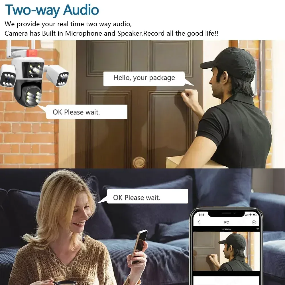 12MP 6K WiFi Security CamerasThree Lens Two-Way Audio Outdoor PTZ Video IP Camera Auto Tracking 6K Waterproof Surveillance Cam