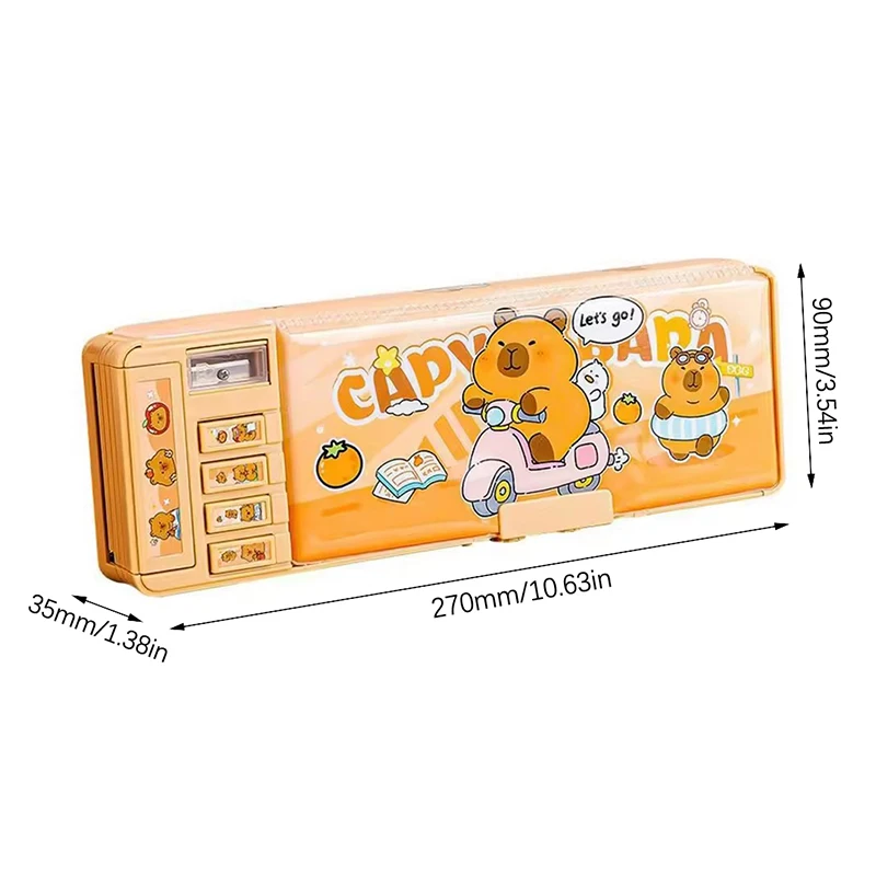 مقلمة كابيبارا متعددة الوظائف ذات سعة كبيرة وقفل بكلمة مرور صندوق أدوات مكتب بطبقة مزدوجة صندوق أقلام عالي التقنية بدون أدوات مكتبية