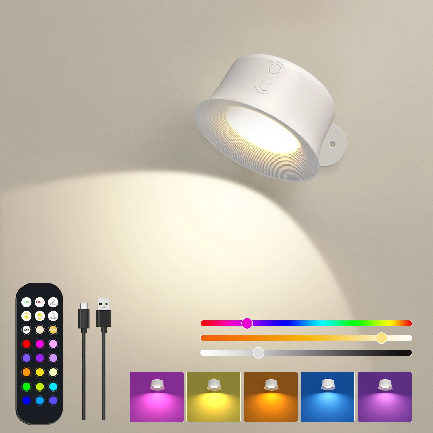 RGBWW Dimmable Wall Lamp LED Remote Control Wall light Charge Type-c Multi Color Adjustable Reading Light Room Decor Night Lamps