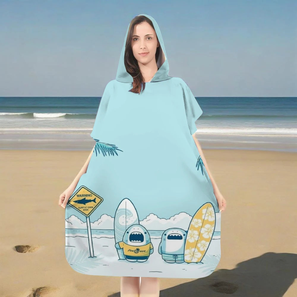 Cute Shark Family Hooded Beach Towel, Classic Print, Unisex, Highly Absorbent Sand-Proof Lightweight Portable for Bathroom Beach