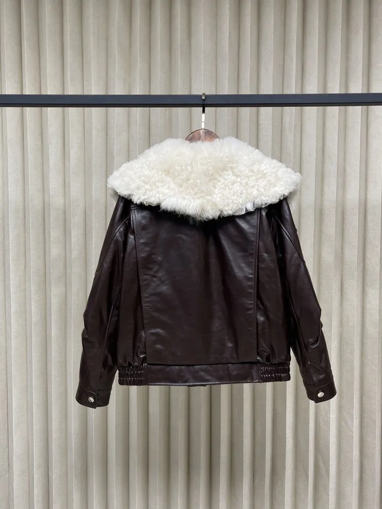 Luxury Womens British Style Genuine Leather Down Jacket Wool Turndown Collar Warm Short Jackets Sheepskin Down Coat Loose Zipper