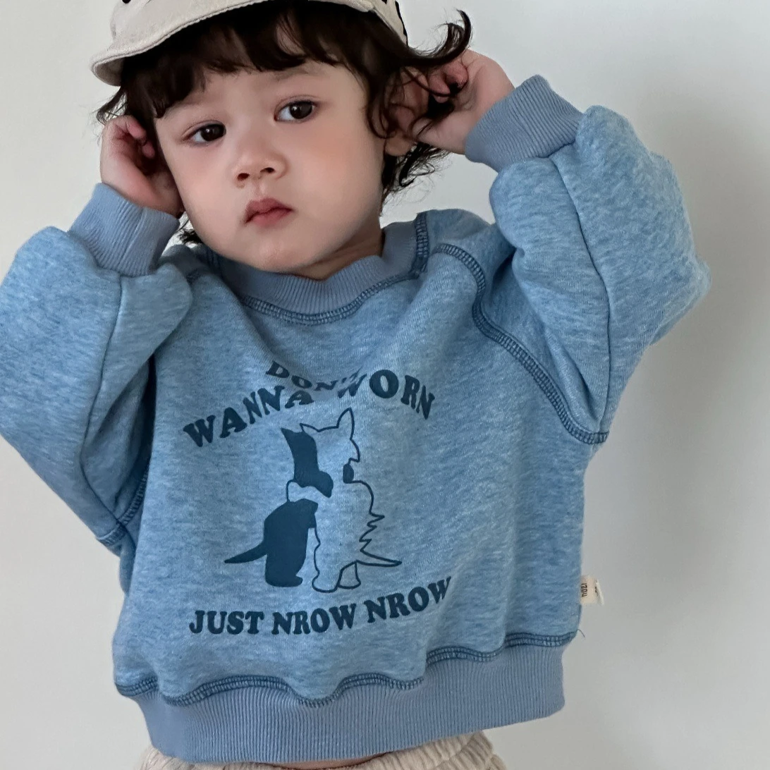 2025 Fall Winter Kids Round Neck Sweatshirt Pants Set Korean Style Boys Fleece Lined Thickened Outfit 2PCs