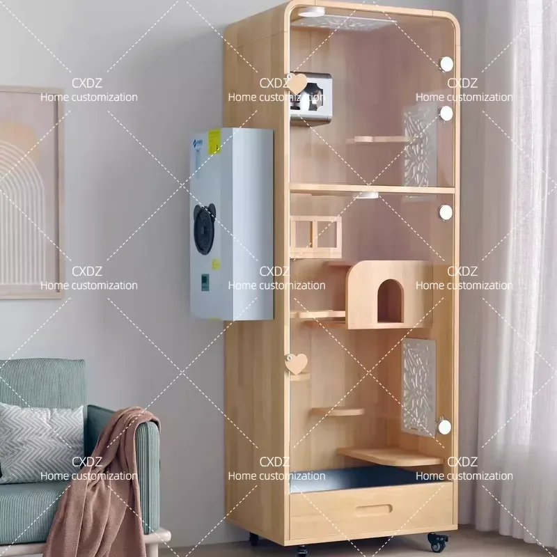 Solid Wood Pet Cage for Dragon Cat Villa Style Air Conditioner Cooling Enclosure Customizable Design Free Shipping