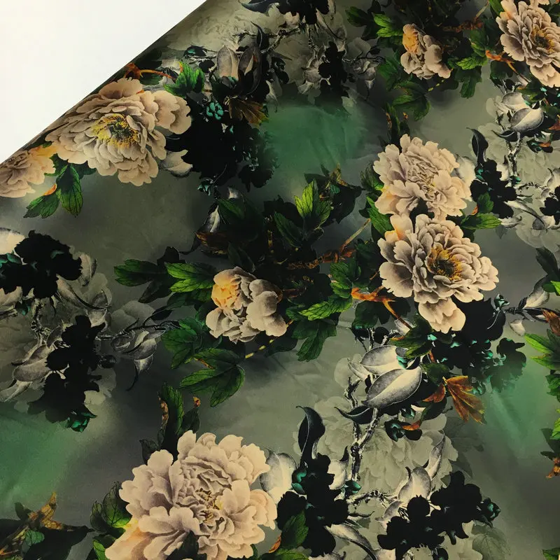 High Quality Branch Peony Print Heavy Improvement Fragrant Cloud Yarn Stretch Satin Silk Fabric Mulberry Silk Cheongsam Fabric