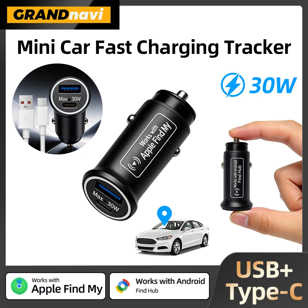 GRANDNAVI Universal Mini Car Charger Cigarette Lighter USB Type-C Adapter Hidden GPS Locator Track For IOS Apple System Find My