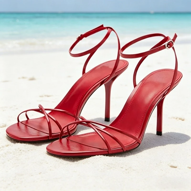 

Red Cross-tied High-Heel Sandals Women Luxury Ankle-Strap Buckle Stiletto Designer Shoe Sexy Open-Toe Slingback Heels for Summer