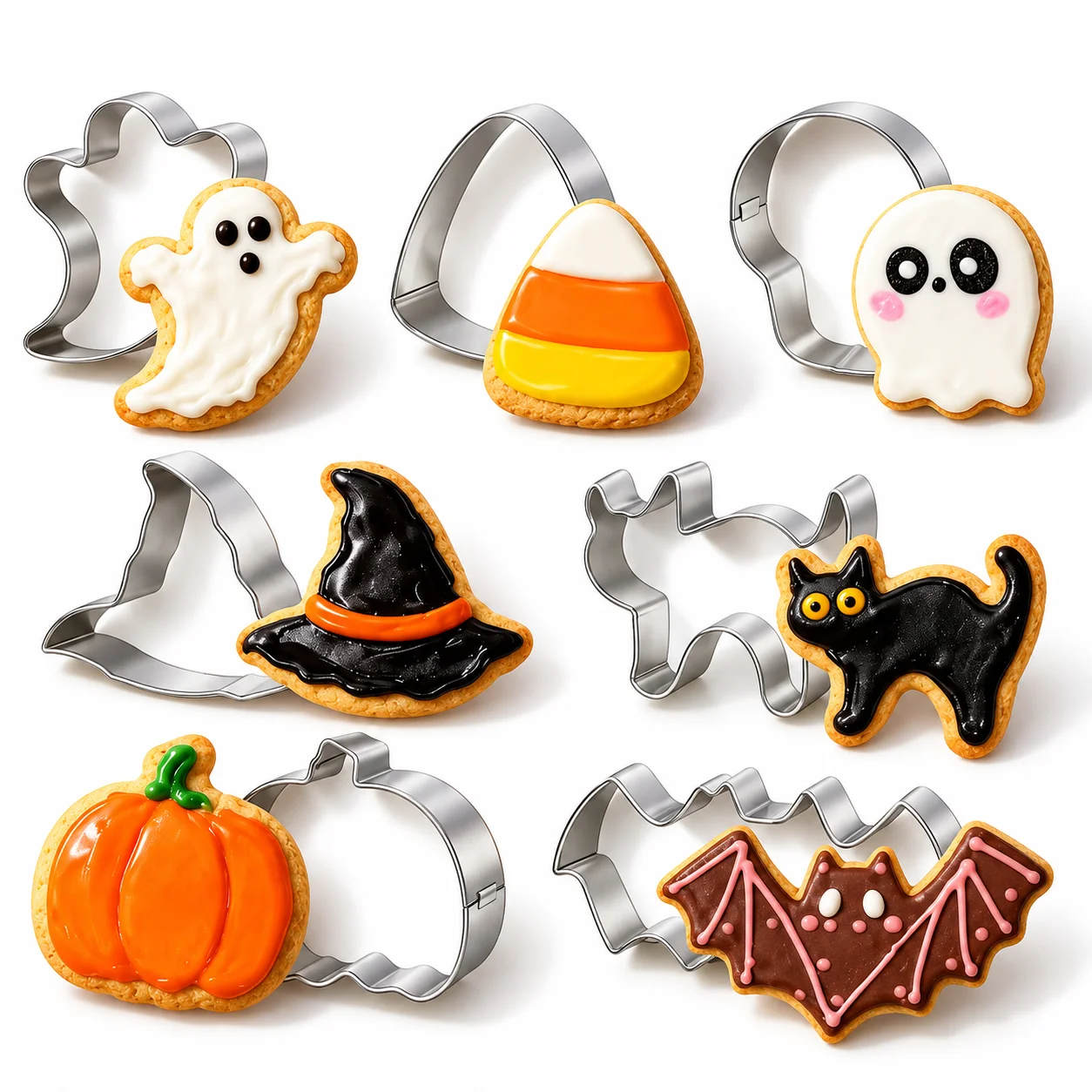 7PCS Halloween Cookie Cutter Set, Food Grade Stainless Steel, Pumpkin Ghost Bat Skull Molds, Smooth Edges, For Home DIY Baking